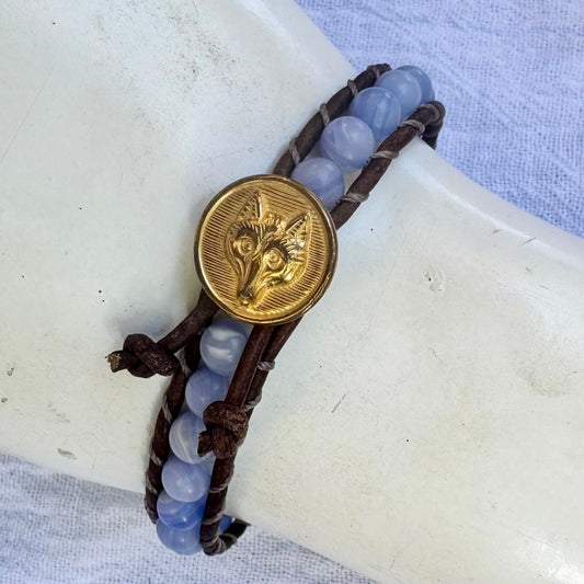 Leather Wrap Bracelet with Blue Lace Agate & Vintage Brass Fox Button