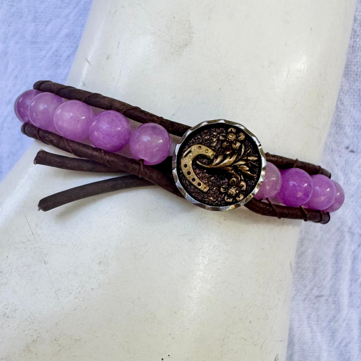 Leather Wrap Bracelet with Purple Jade & Vintage Brass Horseshoe Button