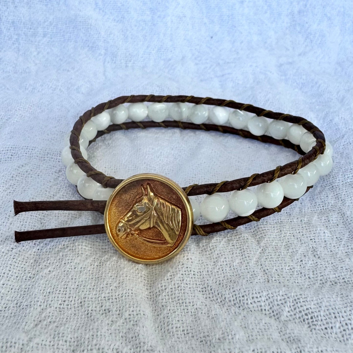 Leather Wrap Bracelet with Mother of Pearl & Vintage Brass Horse Head Button