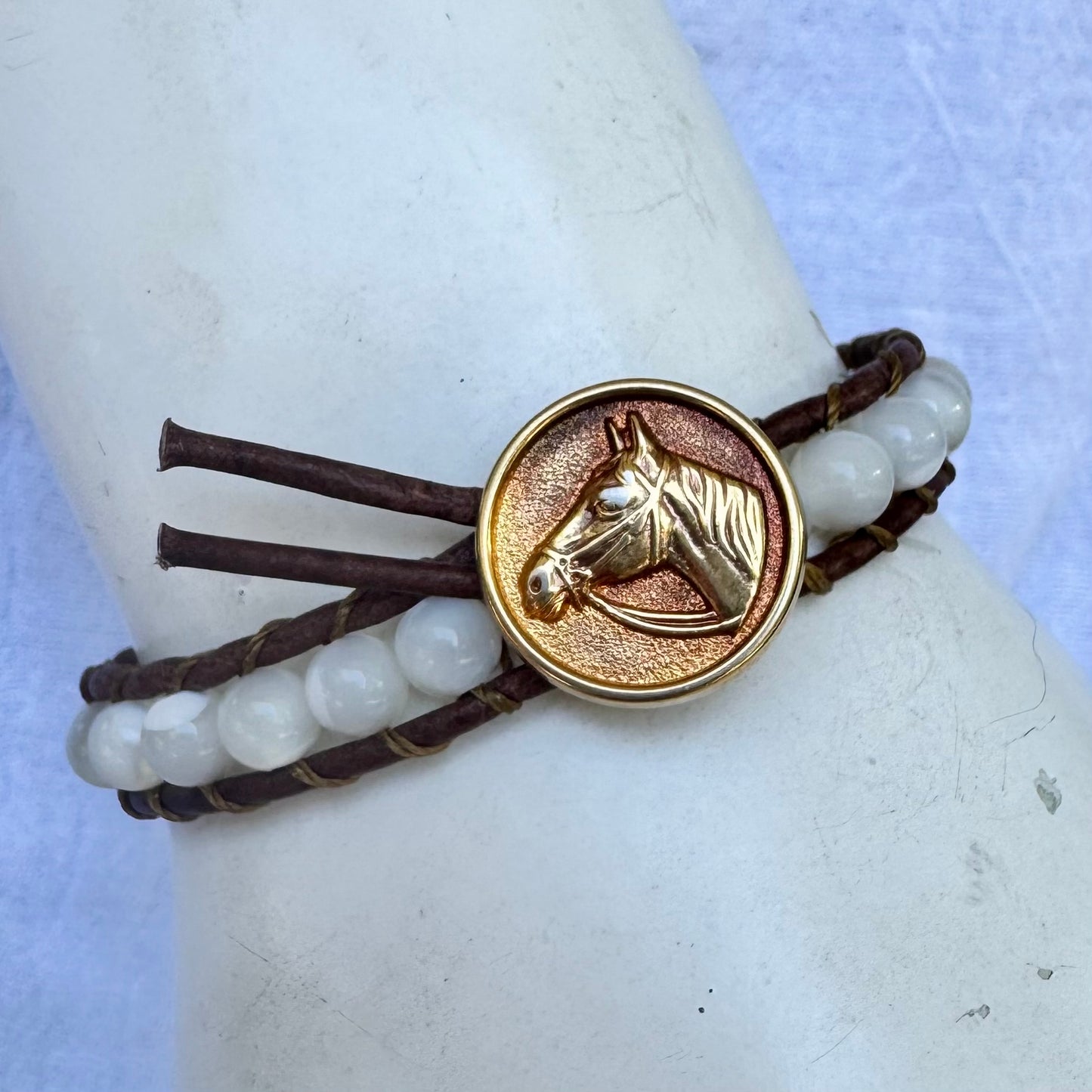 Leather Wrap Bracelet with Mother of Pearl & Vintage Brass Horse Head Button