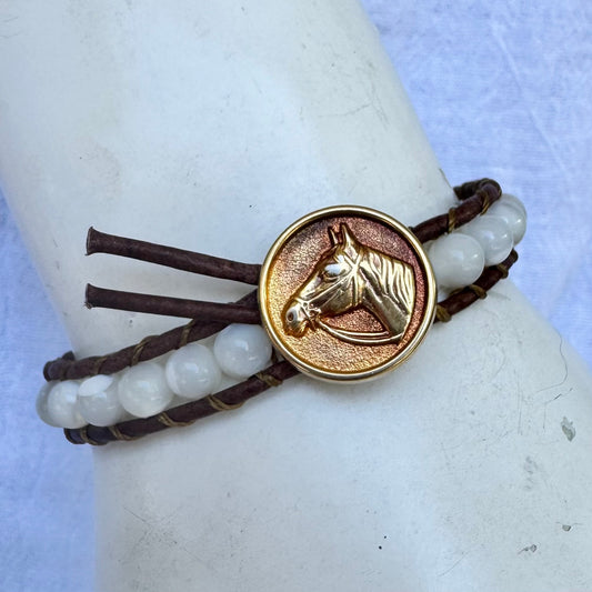 Leather Wrap Bracelet with Mother of Pearl & Vintage Brass Horse Head Button