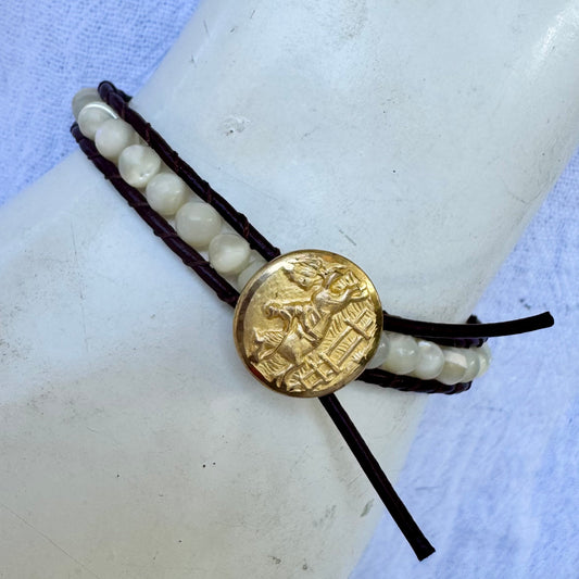 Leather Wrap Bracelet with Mother of Pearl & Vintage Brass Jumping Horse Button