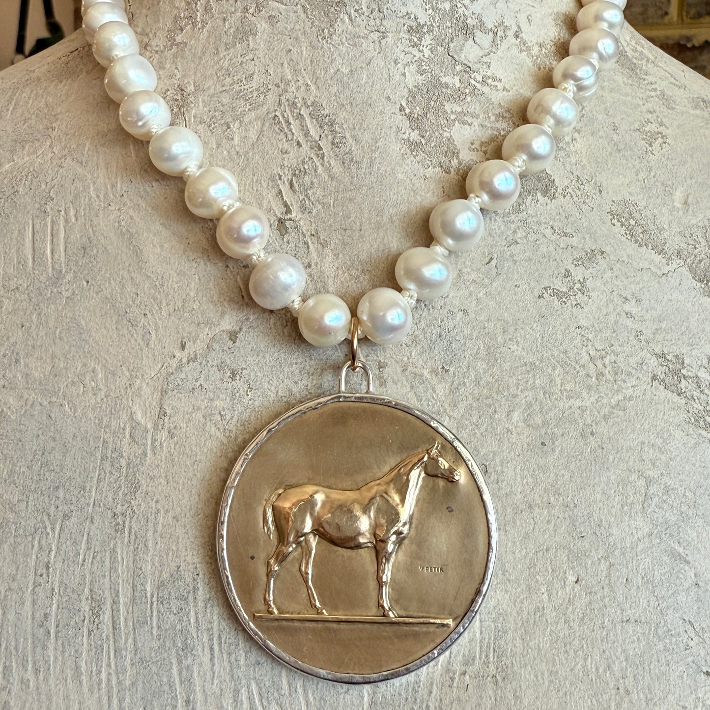 Bronze Race Horse Medal on Pearl Necklace