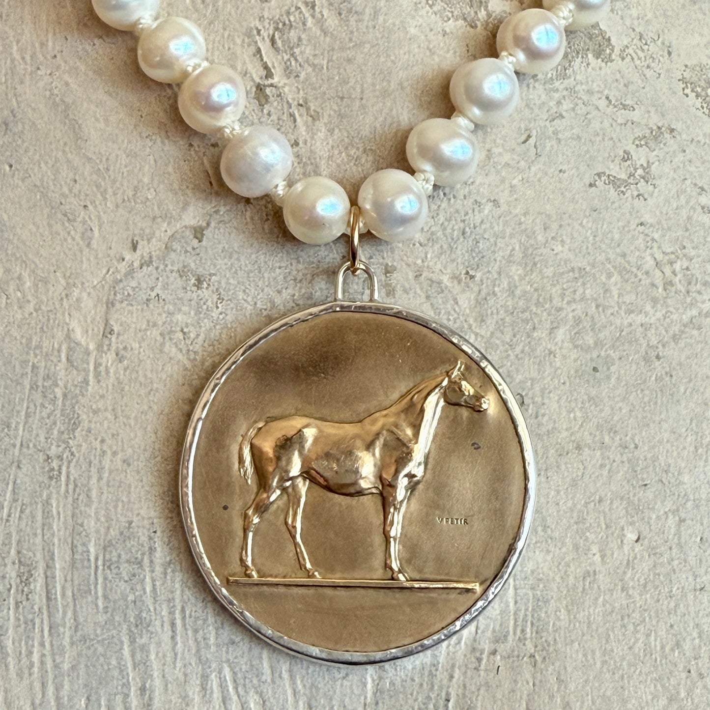 Bronze Race Horse Medal on Pearl Necklace