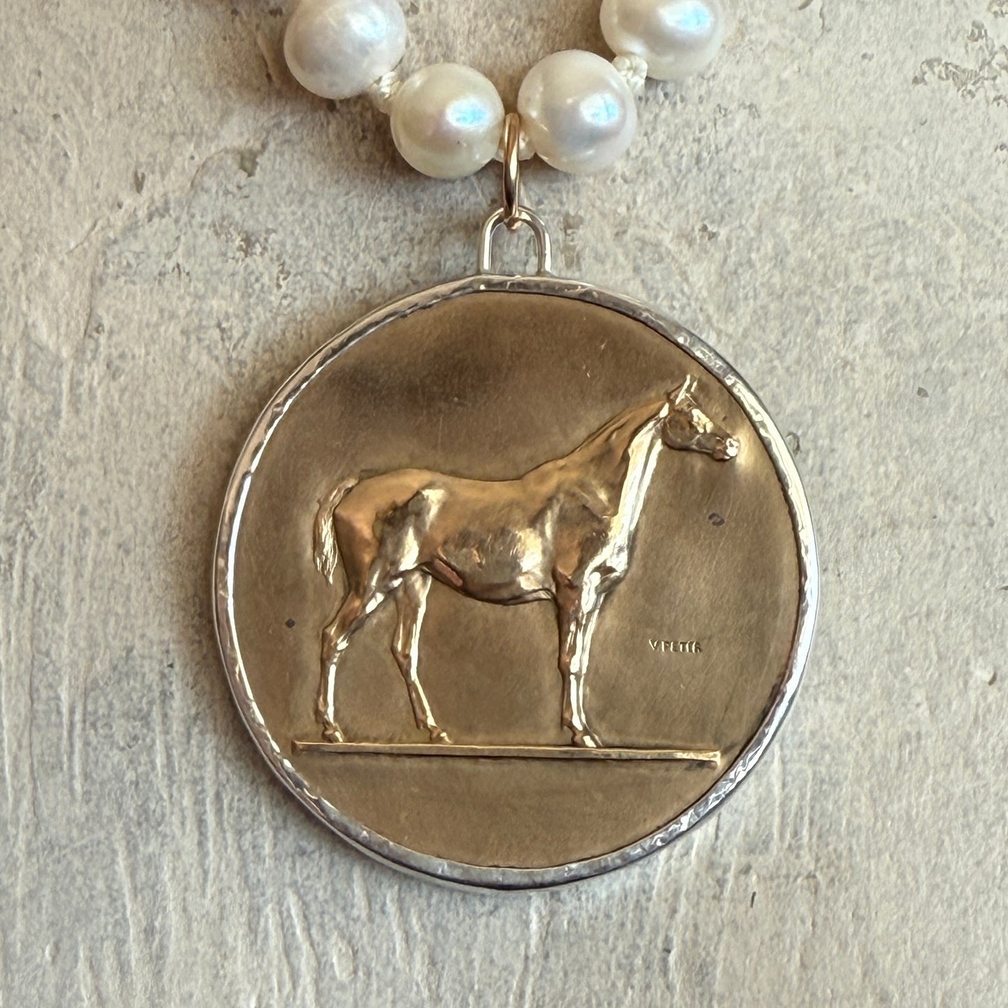 Bronze Race Horse Medal on Pearl Necklace