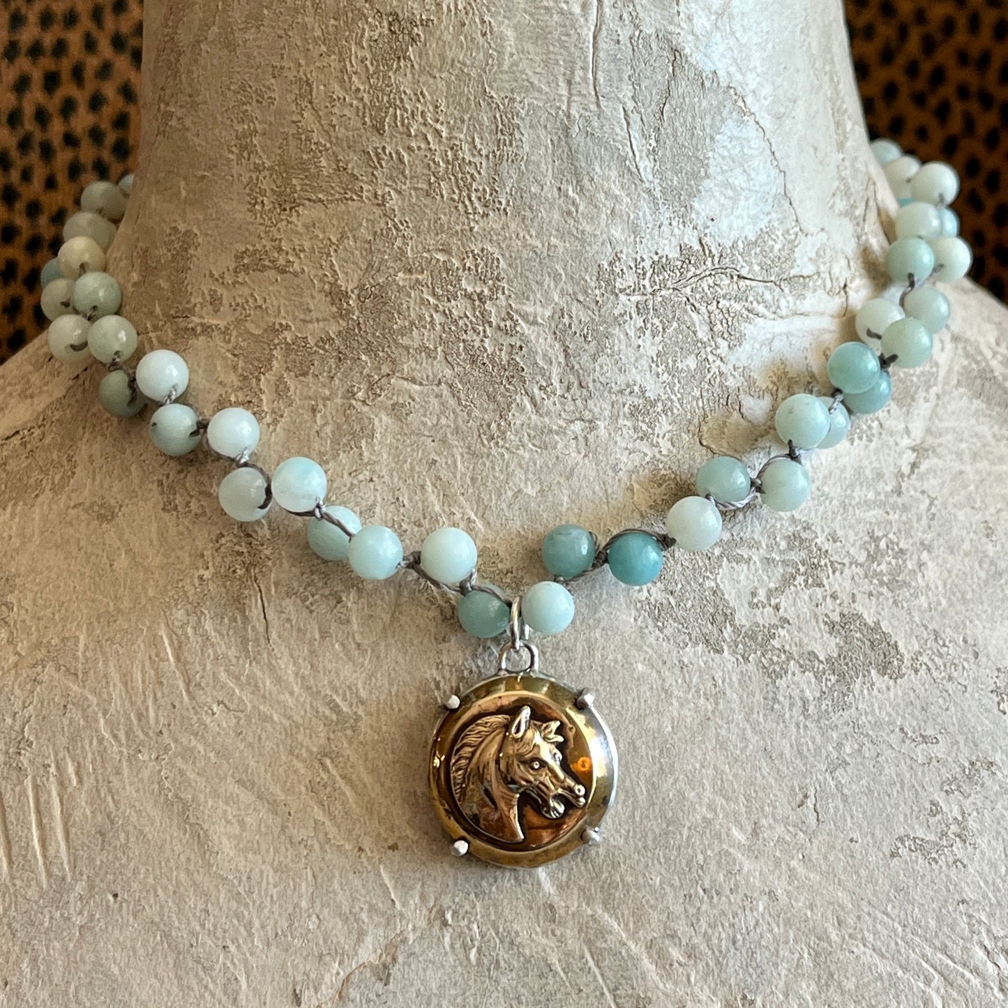 Brass Horse Head Button Necklace on Amazonite