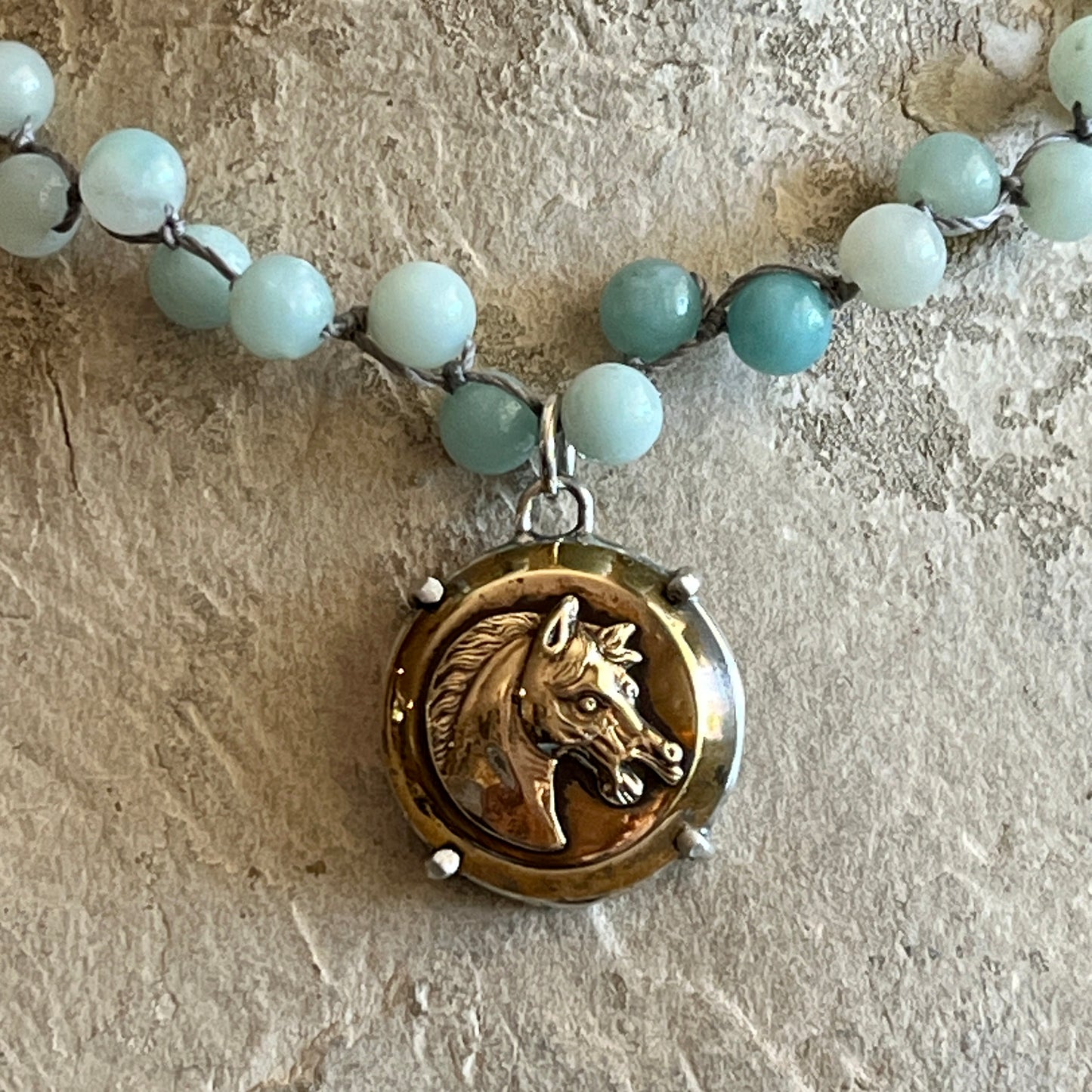 Brass Horse Head Button Necklace on Amazonite