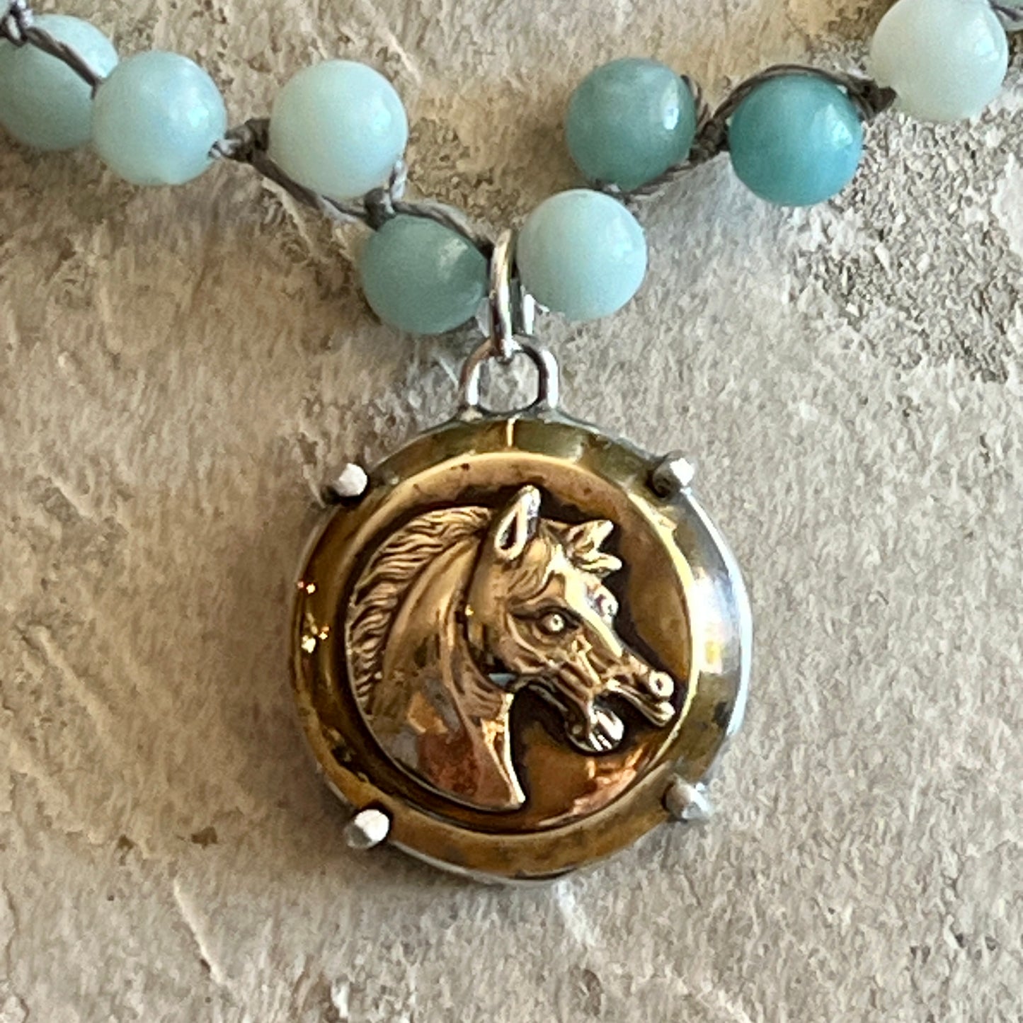 Brass Horse Head Button Necklace on Amazonite