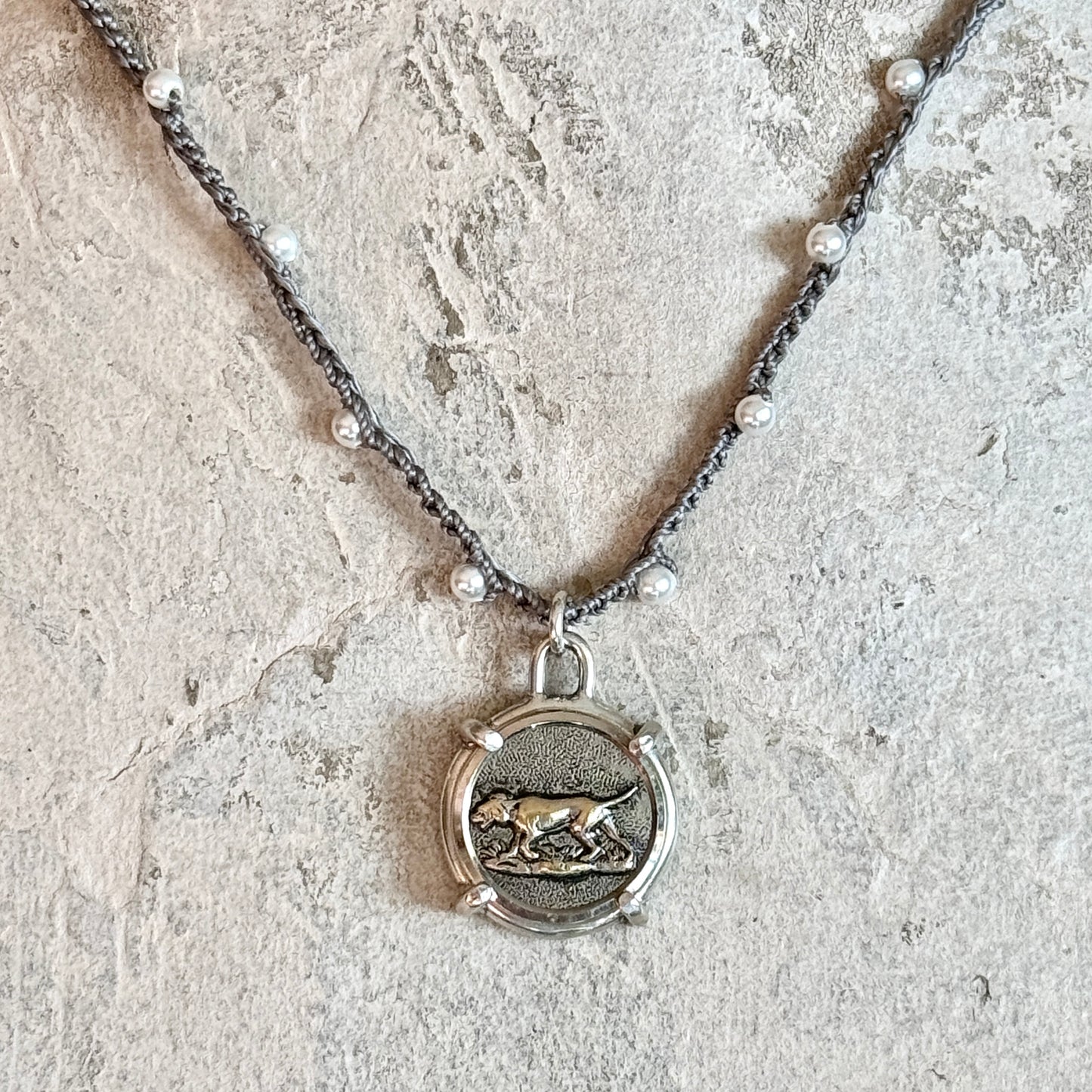 Little Lovely Silvered Hound Dog Button Necklace