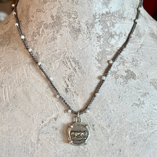 Little Lovely Silvered Hound Dog Button Necklace