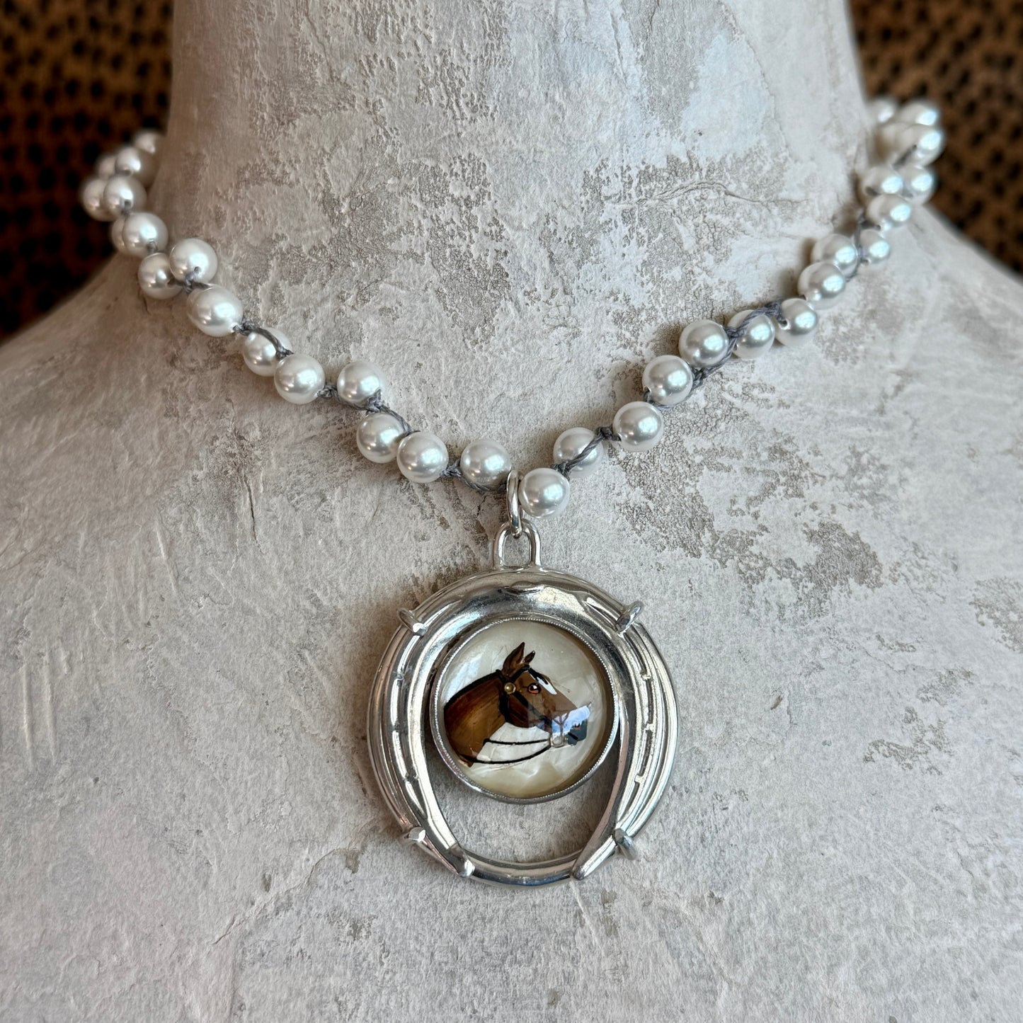 Intaglio Hunter and Horseshoe Button Necklace