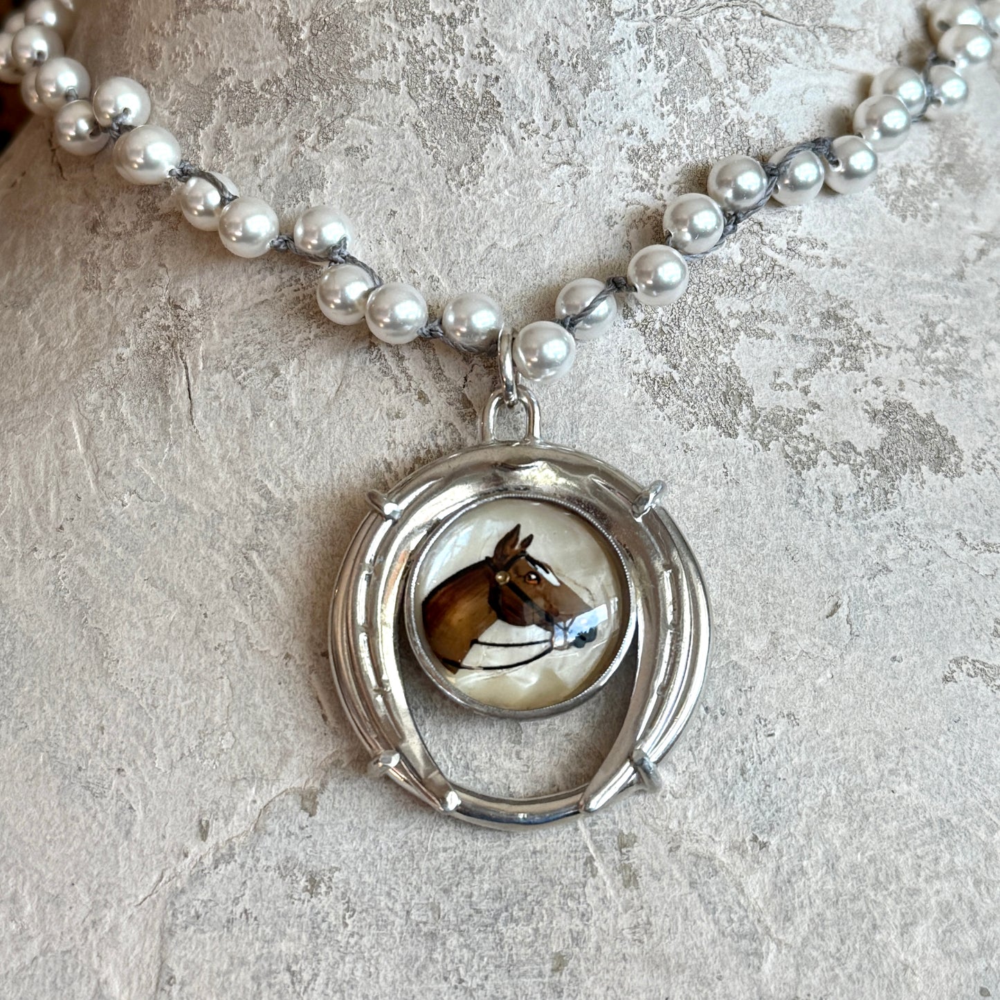 Intaglio Hunter and Horseshoe Button Necklace