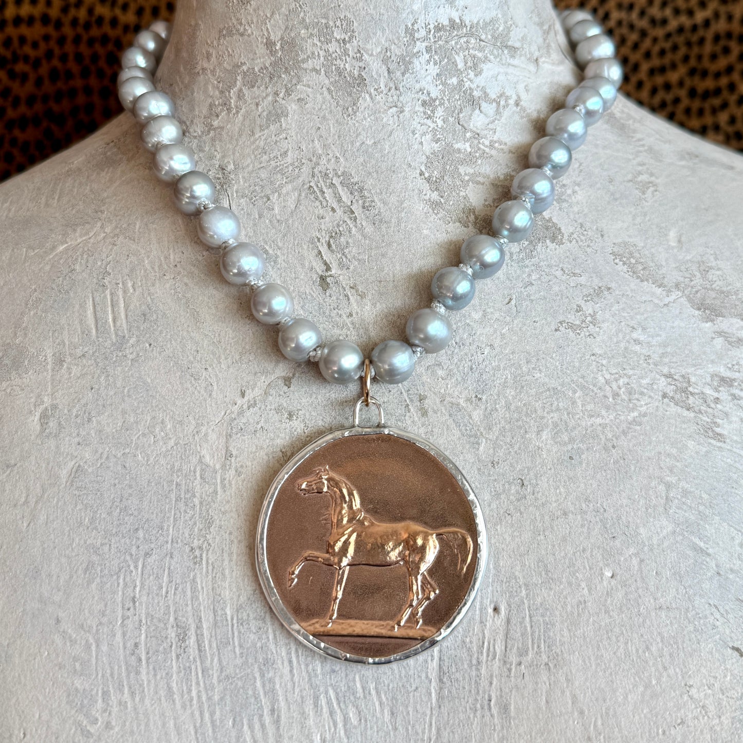 French Horse Medal on Pearl Necklace