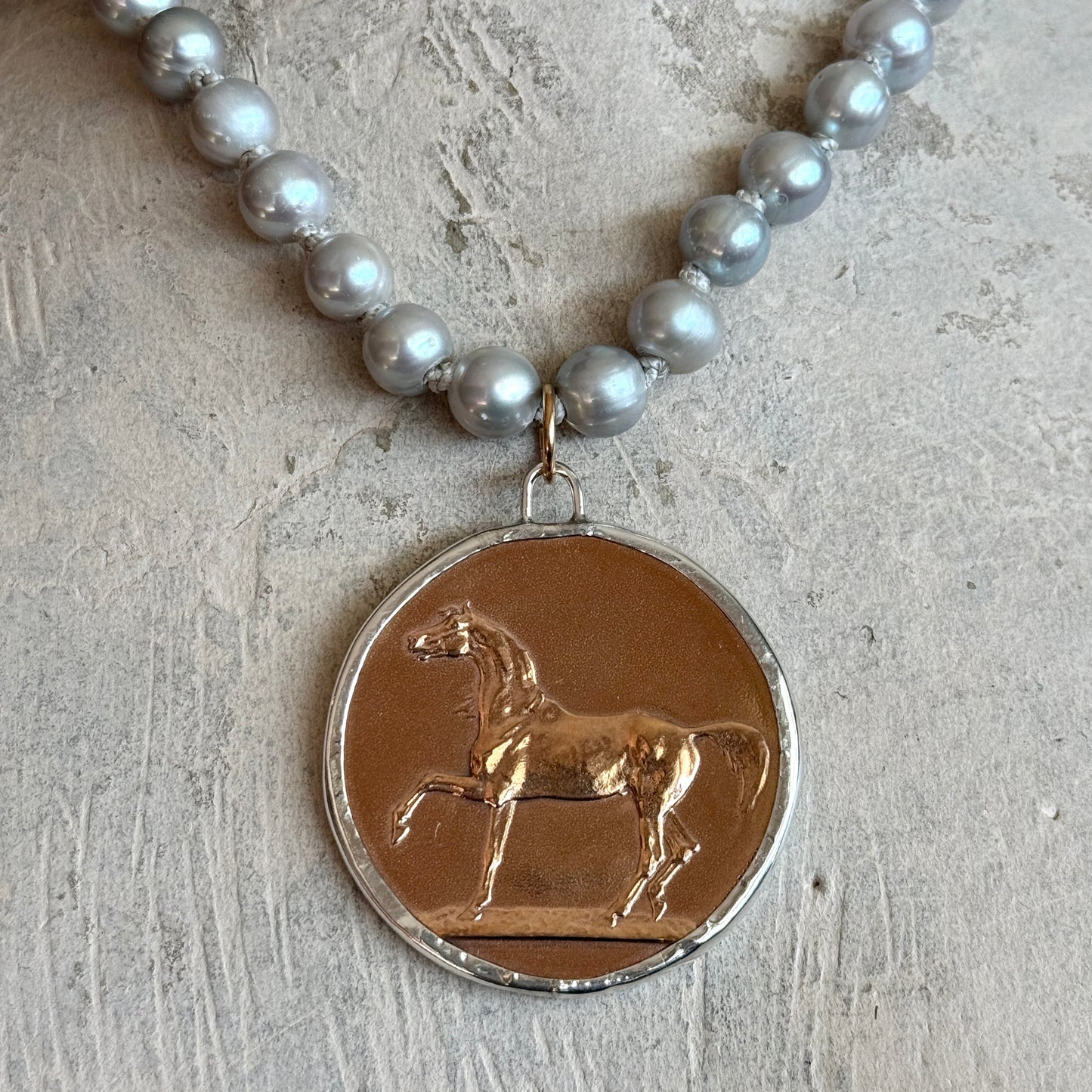 French Horse Medal on Pearl Necklace