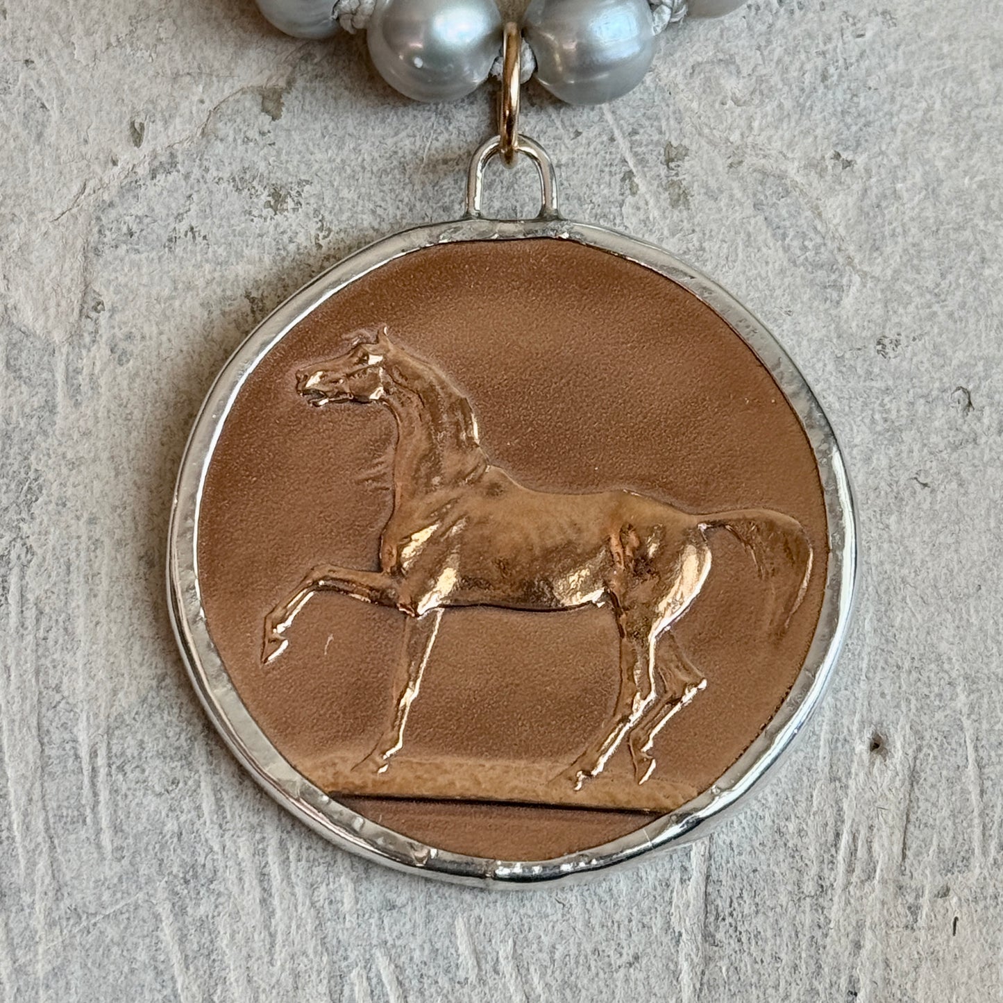 French Horse Medal on Pearl Necklace