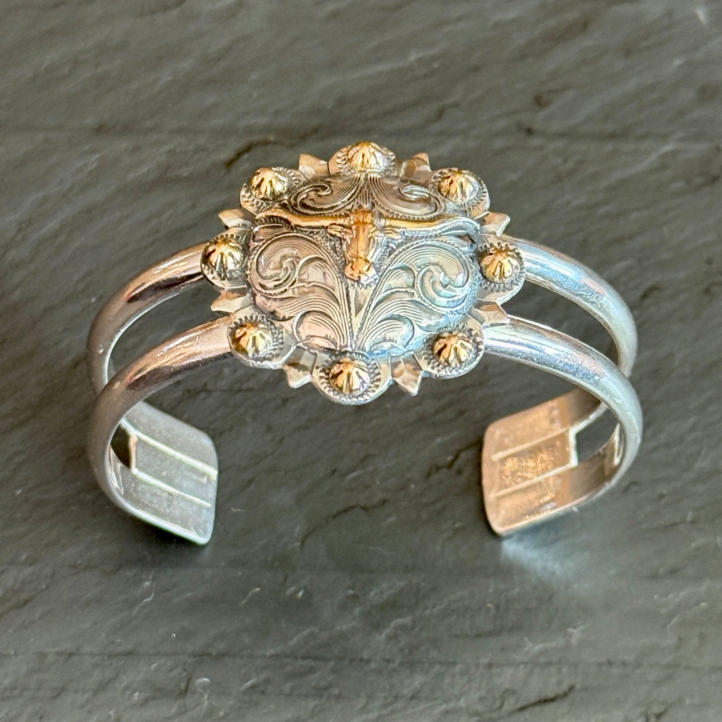 Sterling Silver and Gold Concho Cuff Bracelet