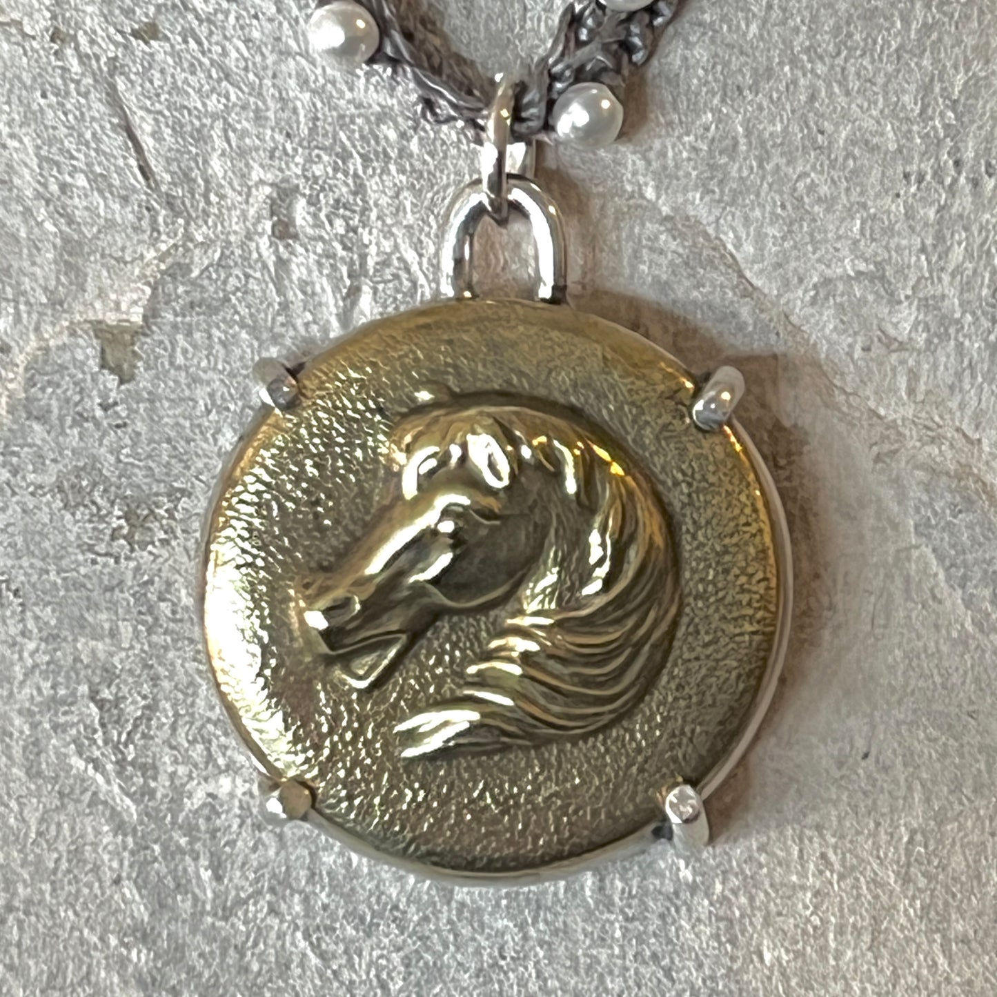 Brass Baroque Horse Head Button on Pearl Necklace