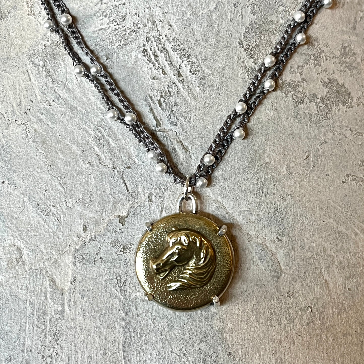 Brass Baroque Horse Head Button on Pearl Necklace