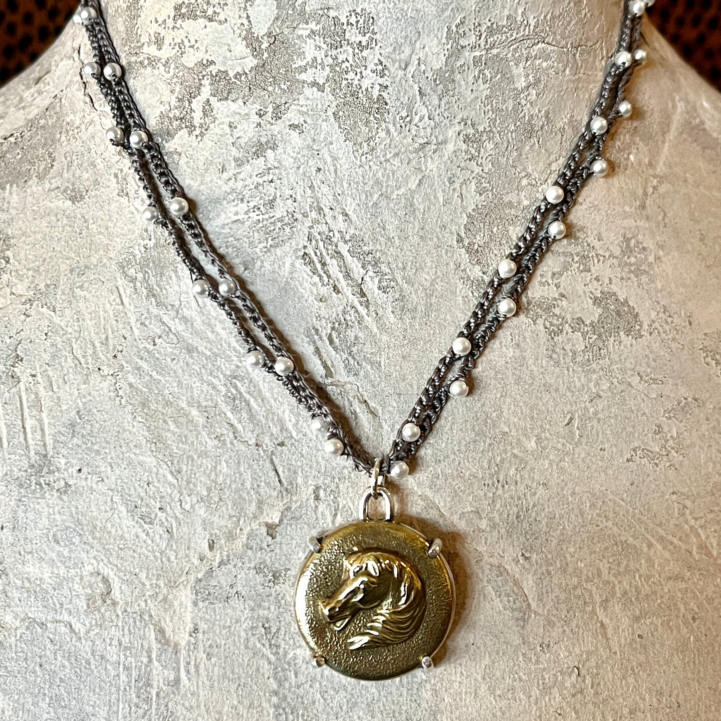 Brass Baroque Horse Head Button on Pearl Necklace