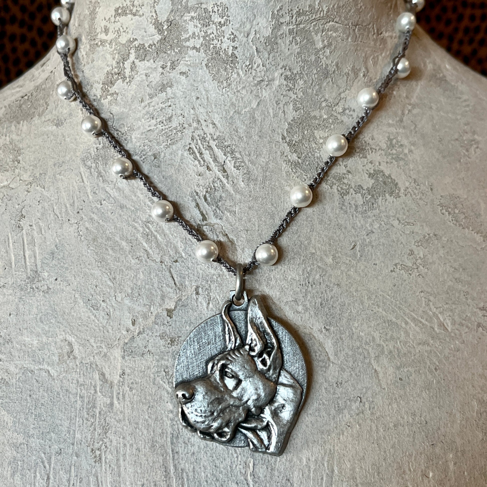 Pewter Great Dane Medal on Pearl Necklace