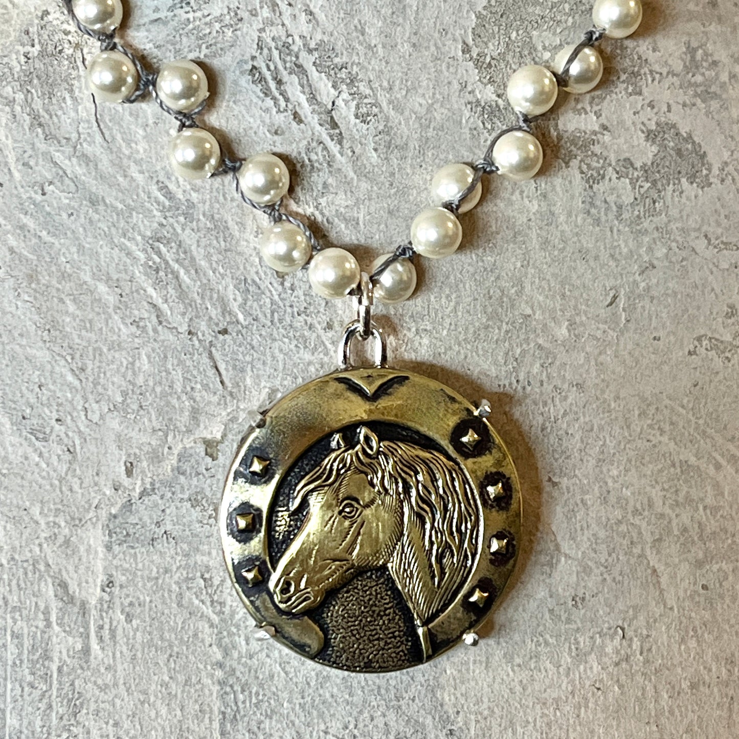 Vintage Horse Head in Shoe Button Necklace