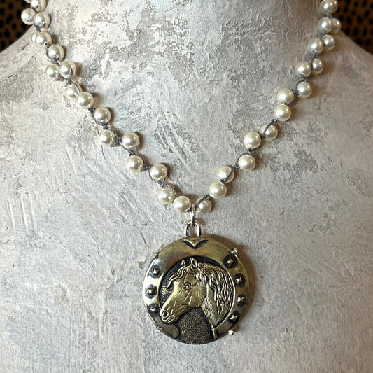 Vintage Horse Head in Shoe Button Necklace