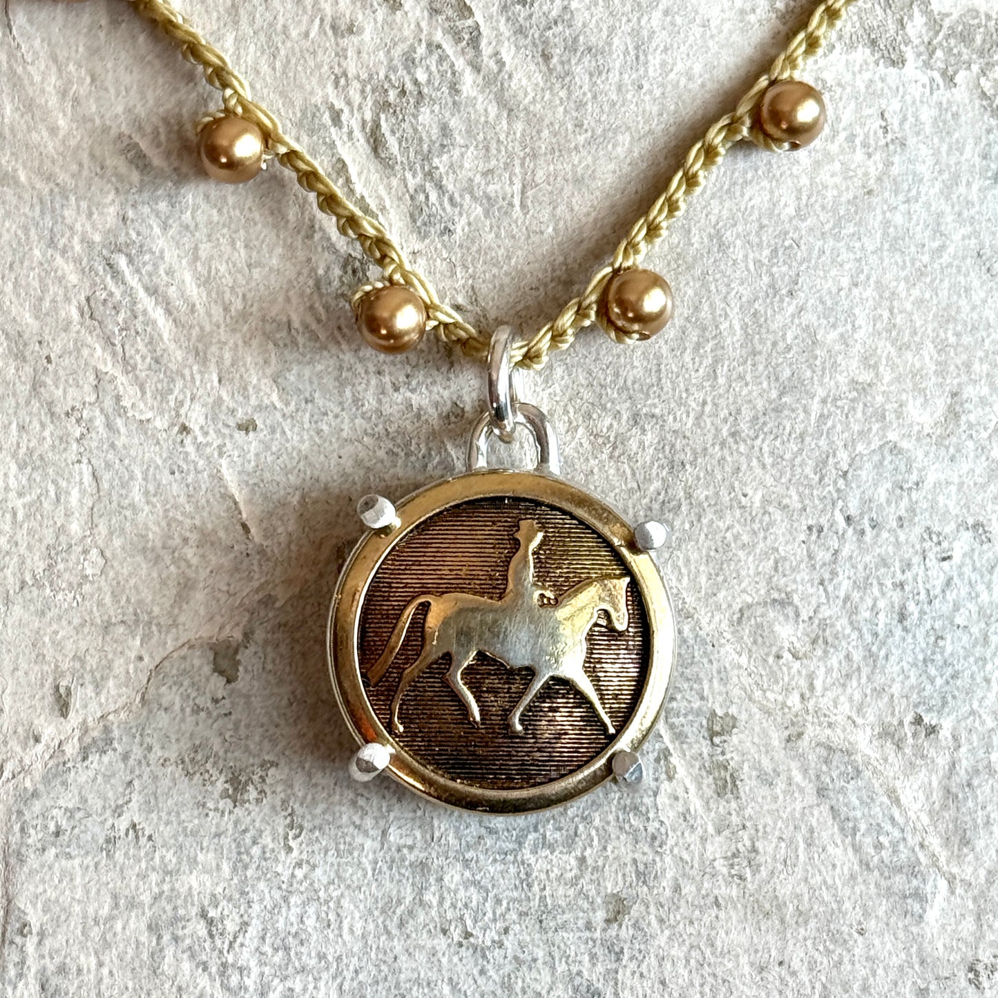 Brass Trotting Horse Button Necklace