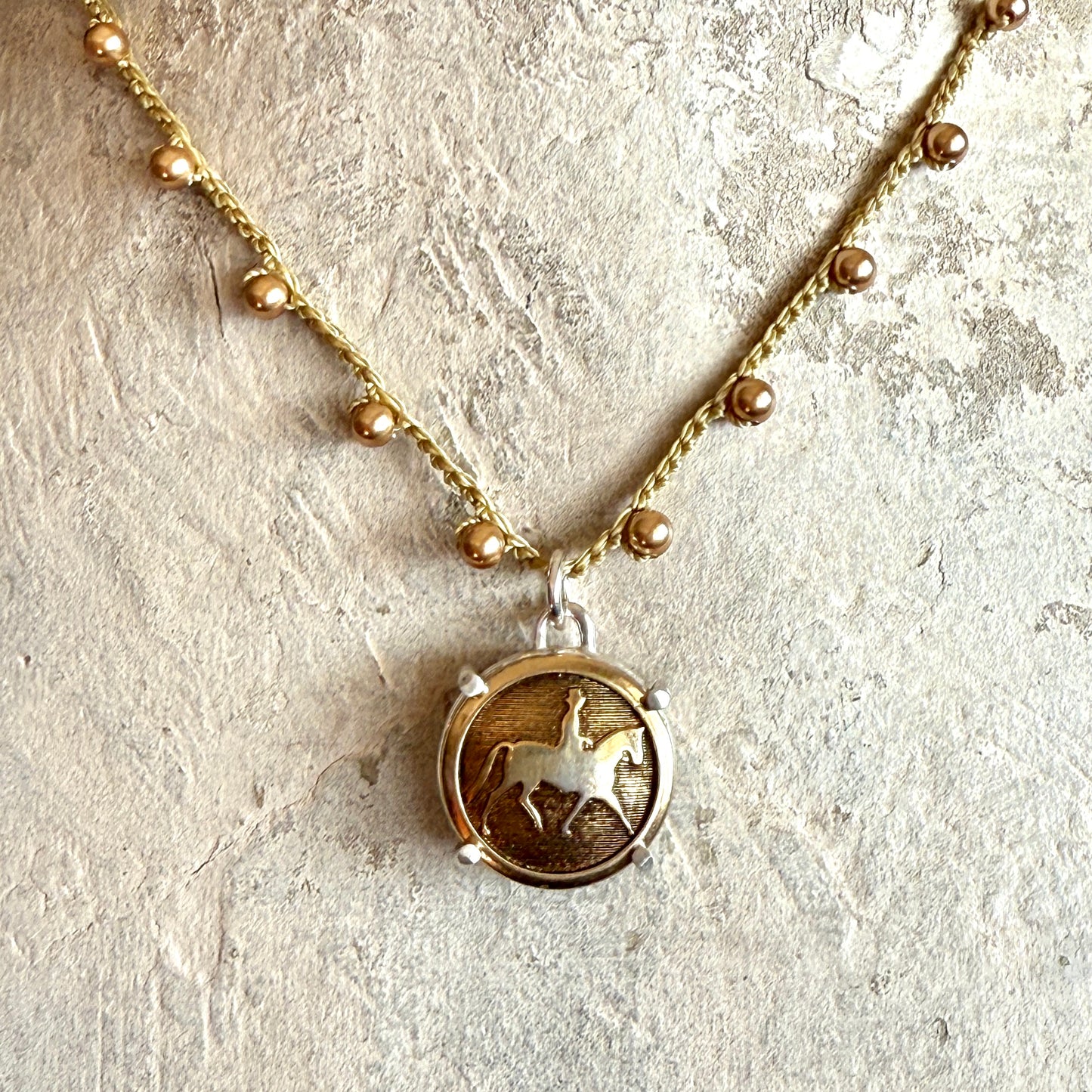 Brass Trotting Horse Button Necklace