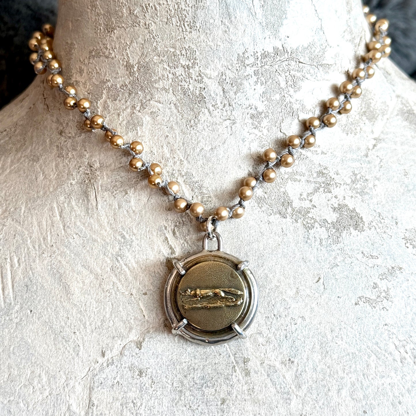 Brass Running Fox Button Necklace