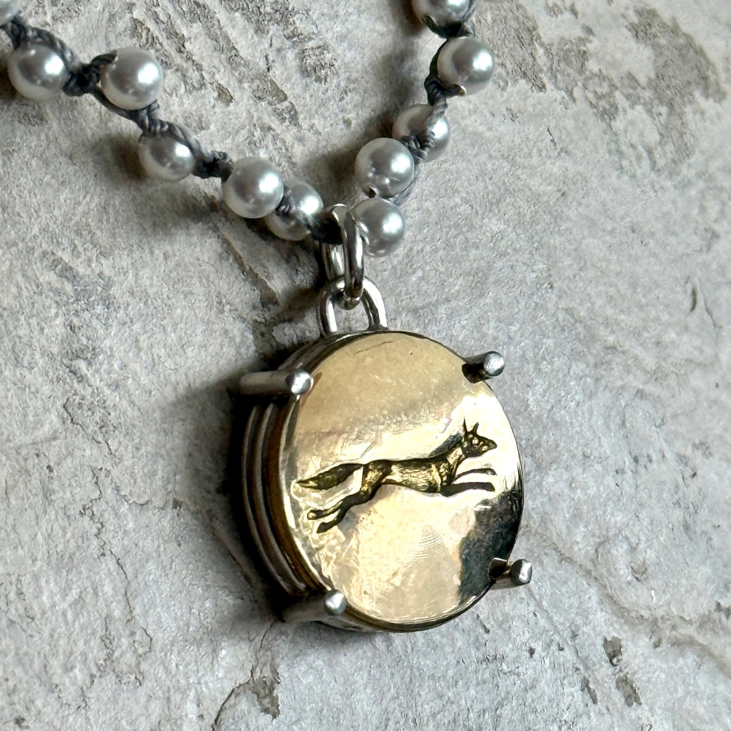 Brass Running Fox Button Necklace