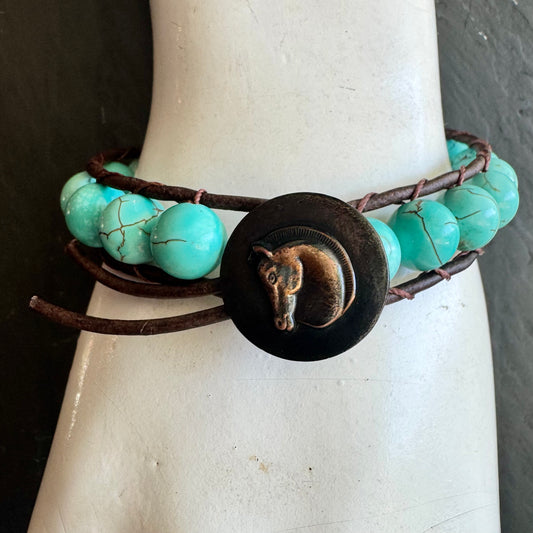 Leather Wrap Bracelet with Turquoise & Antique Copper Horse Head Button