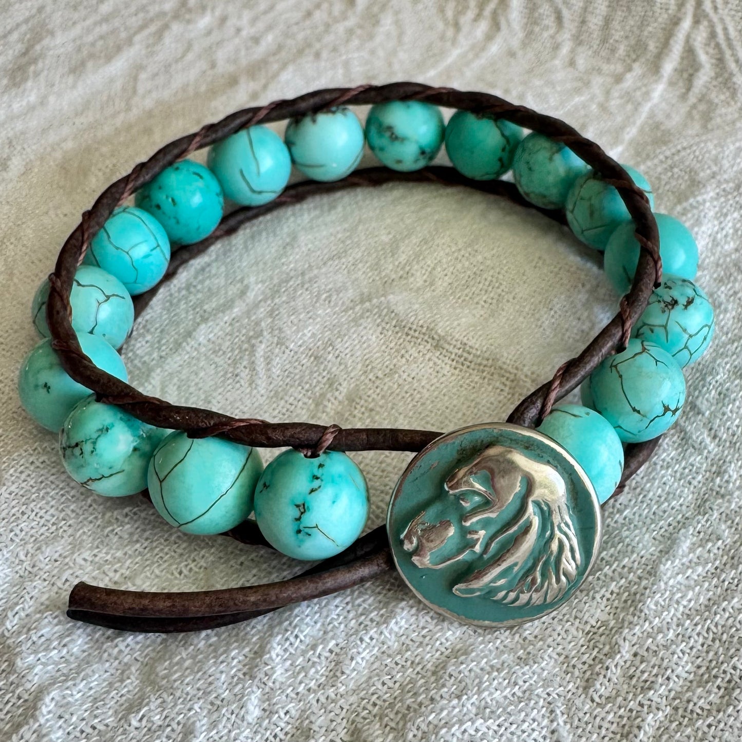 Leather Wrap Bracelet with Turquoise & Silver Dog Button
