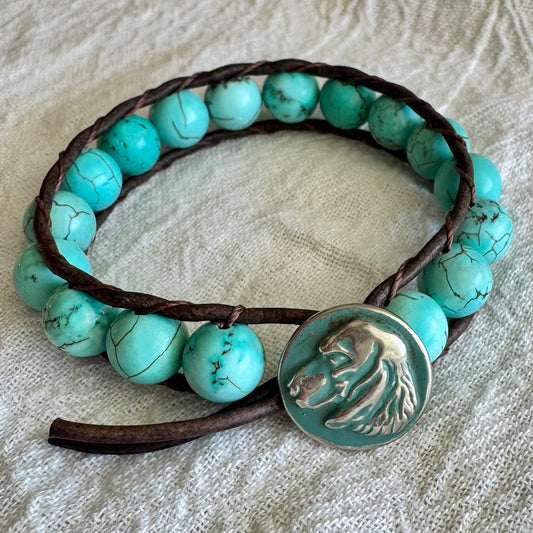 Leather Wrap Bracelet with Turquoise & Silver Dog Button