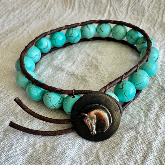 Leather Wrap Bracelet with Turquoise & Antique Copper Horse Head Button