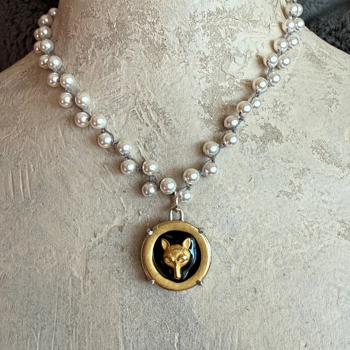 Gilded Fox Mask Enamel Button Necklace