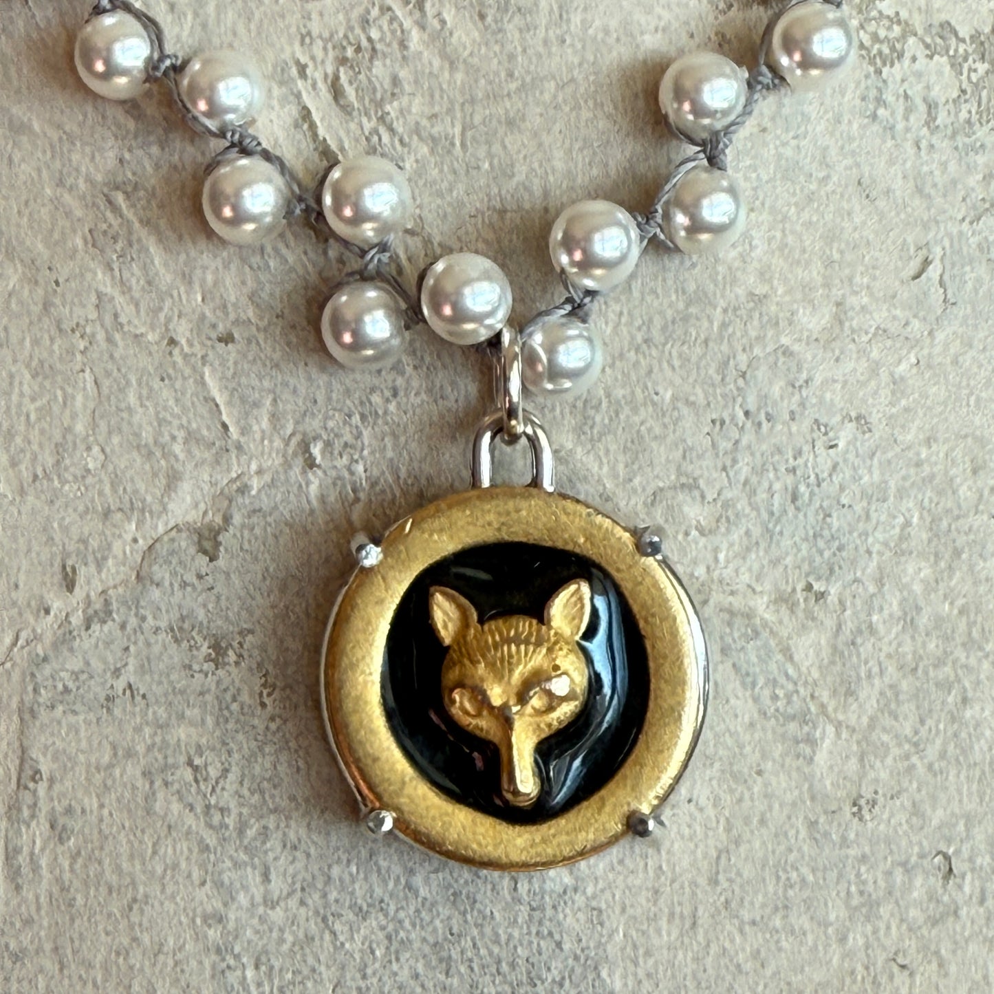 Gilded Fox Mask Enamel Button Necklace