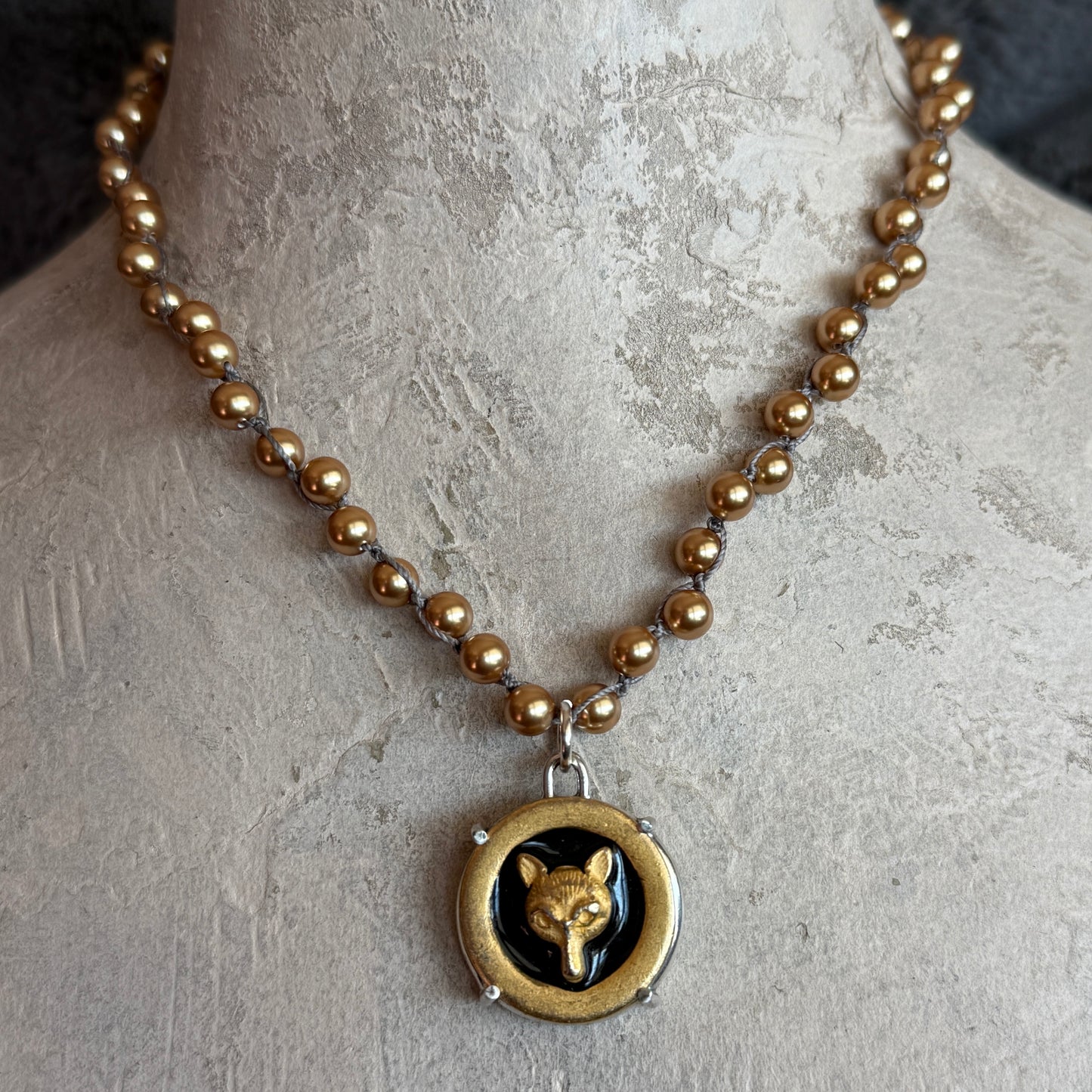 Gilded Fox Mask Enamel Button Necklace