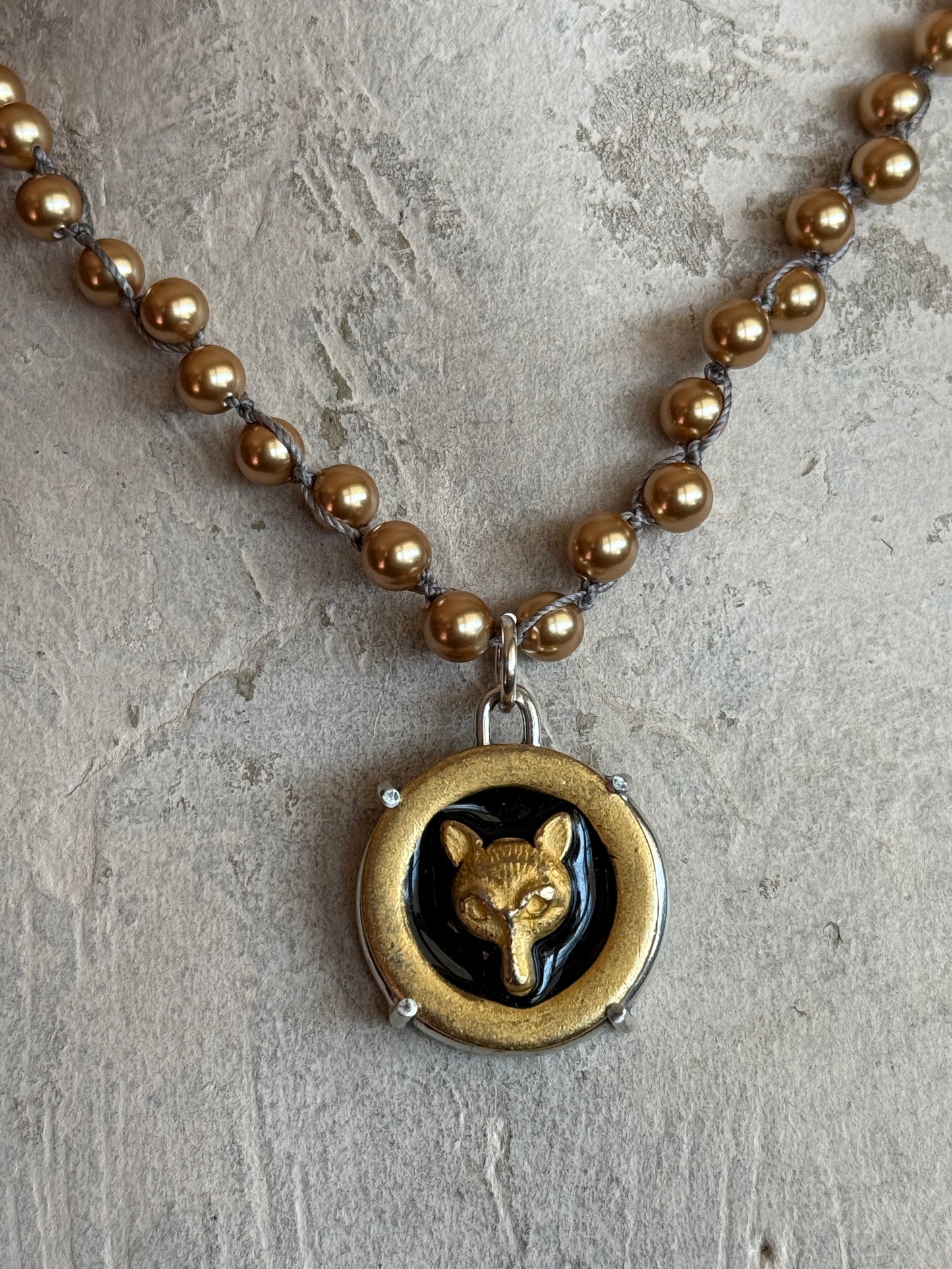 Gilded Fox Mask Enamel Button Necklace