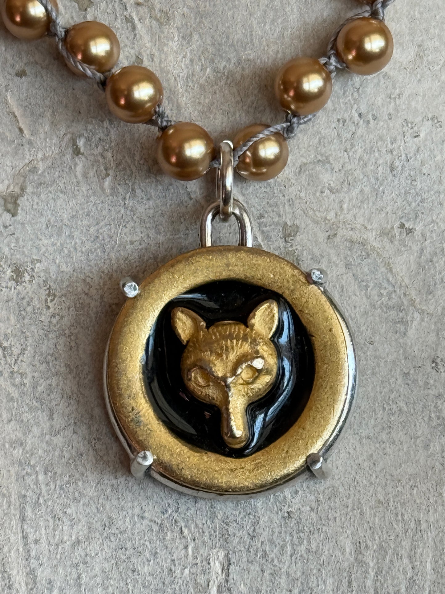 Gilded Fox Mask Enamel Button Necklace