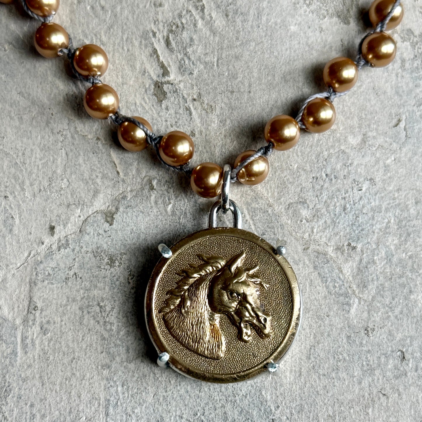 Brass Baroque Horse Button Necklace