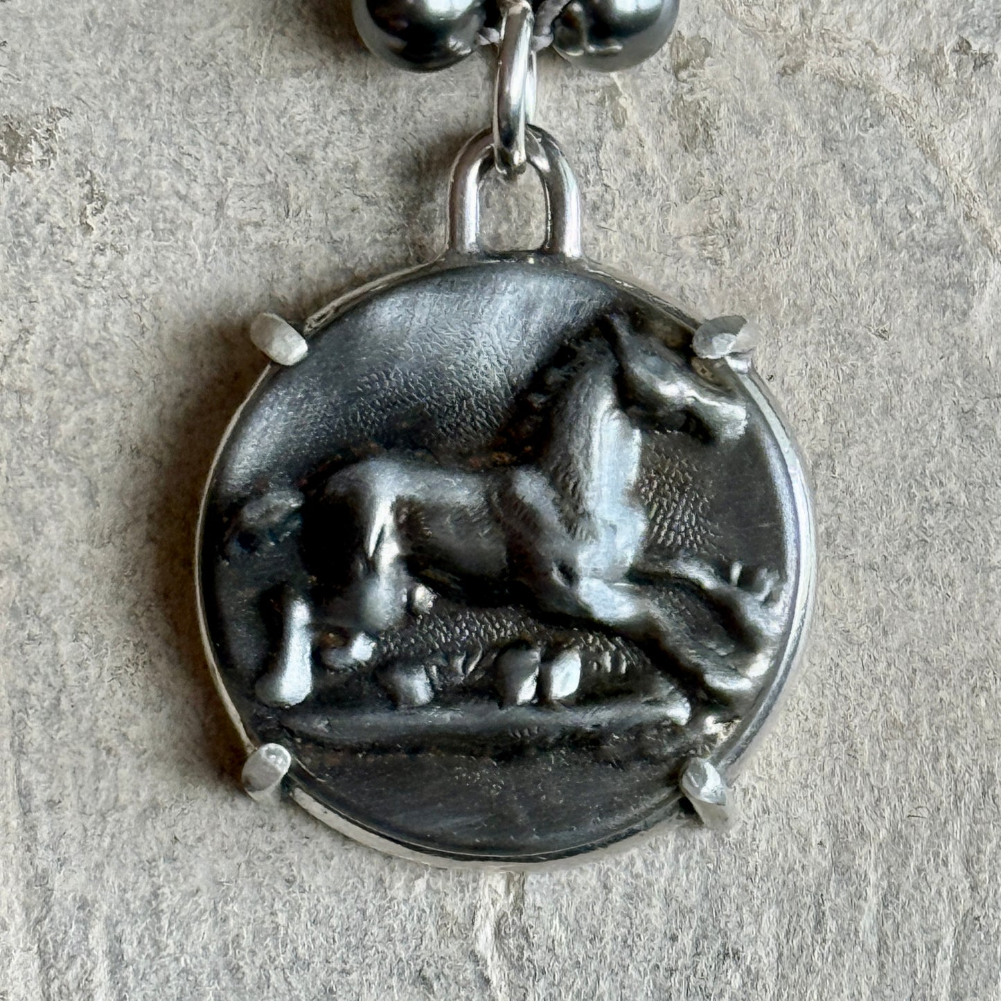 Grey Galloping Horse Button Necklace