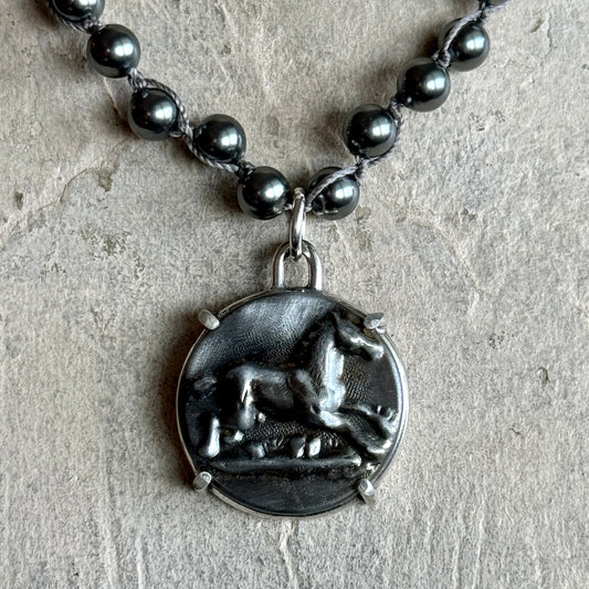 Grey Galloping Horse Button Necklace