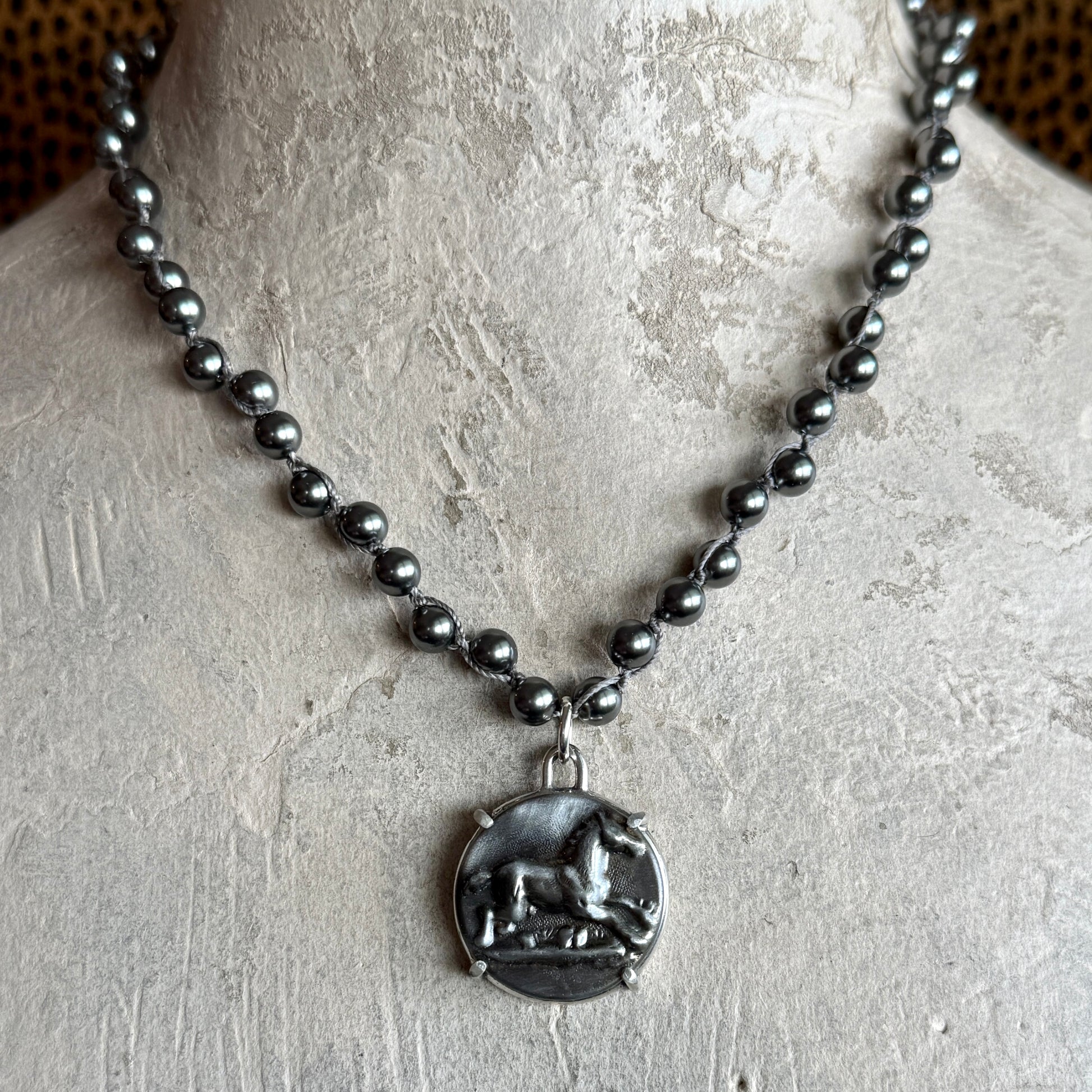 Grey Galloping Horse Button Necklace