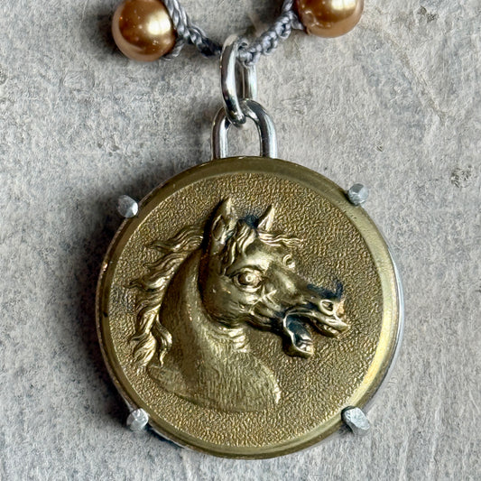 Vintage Brass Baroque Horse Button Necklace