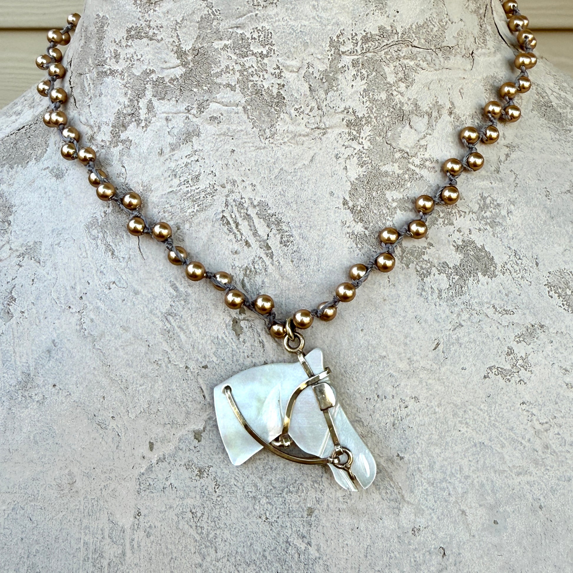 Mother-of-Pearl Horse Head on Gold Pearl Necklace