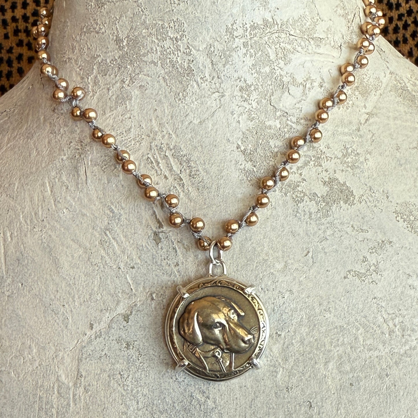 Handsome Bronze Hound Dog Button Necklace