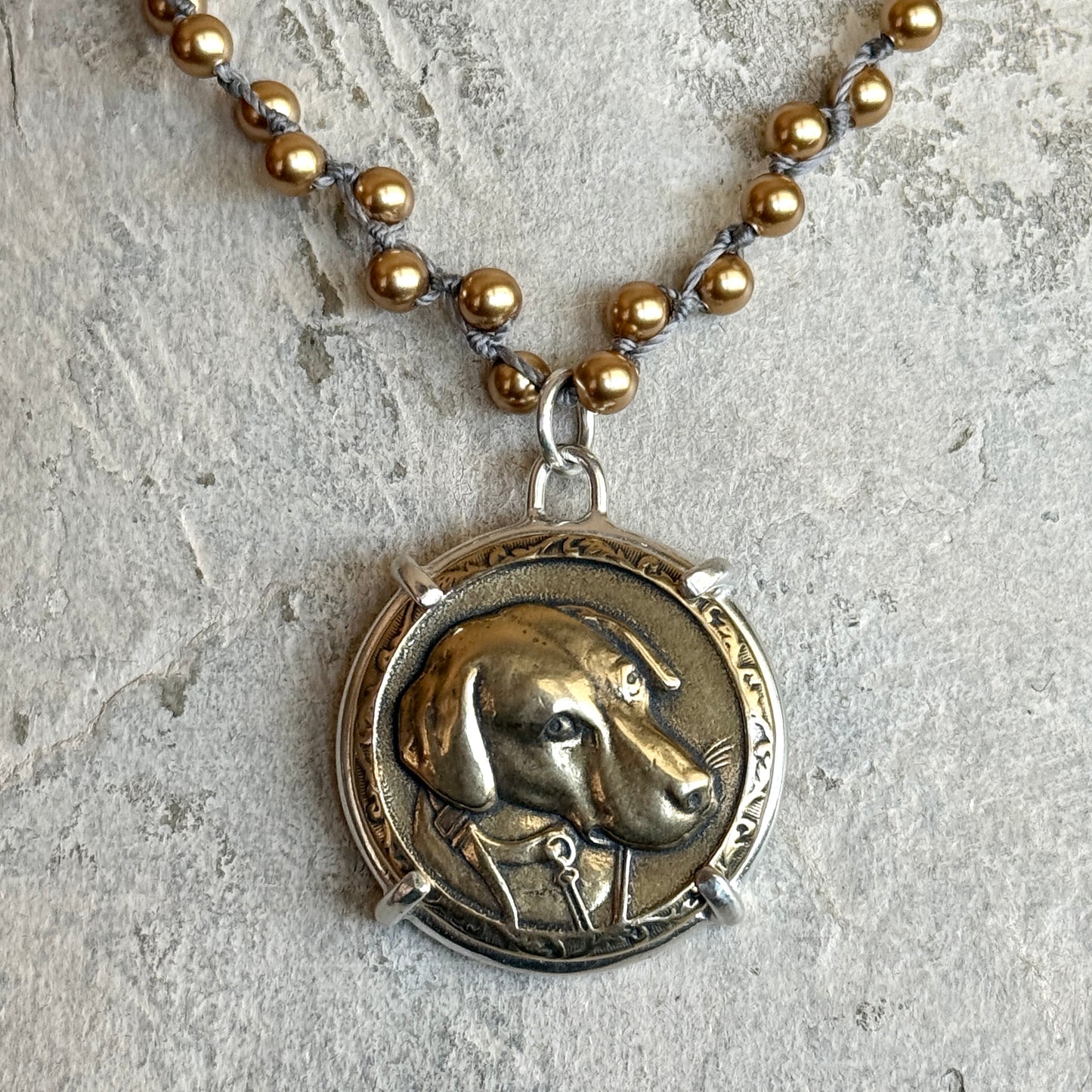 Handsome Bronze Hound Dog Button Necklace