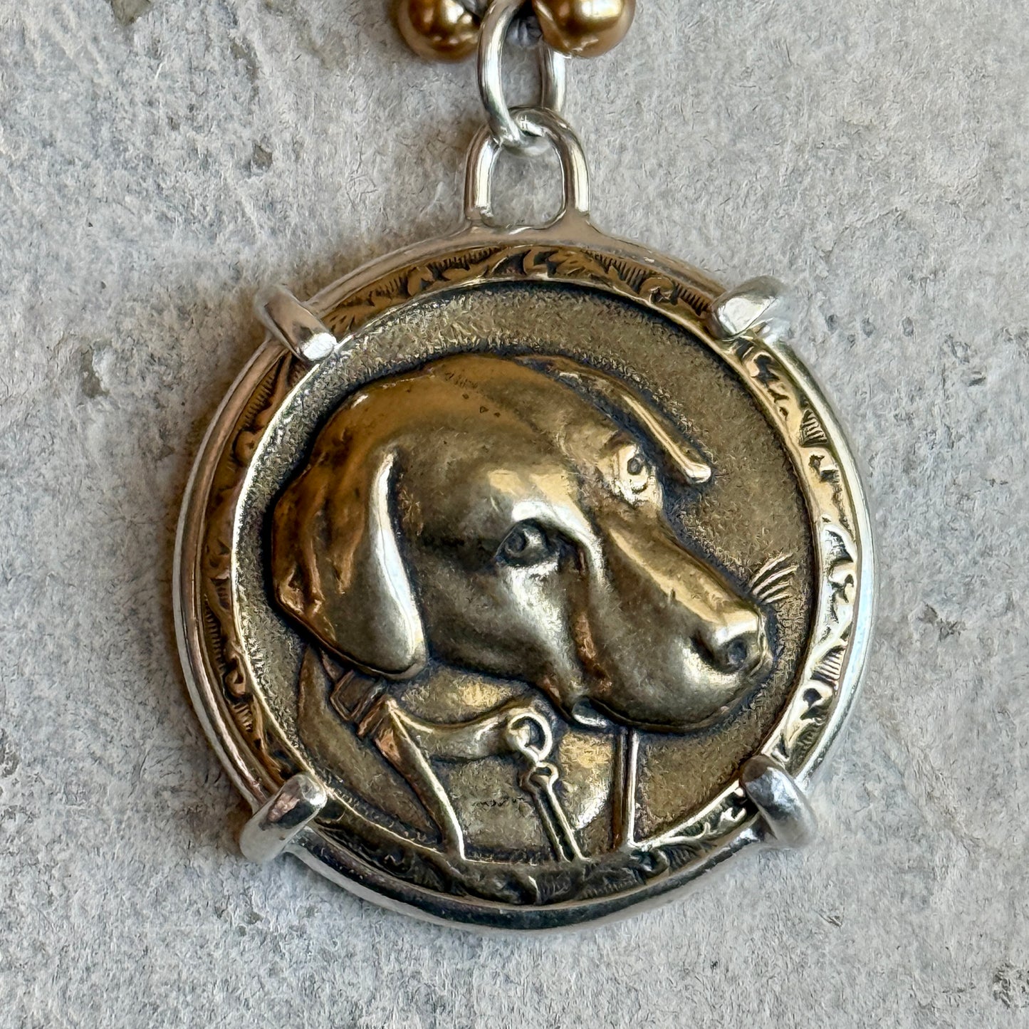 Handsome Bronze Hound Dog Button Necklace