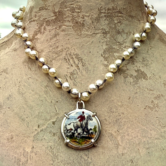 Vintage Porcelain Foxhunting Button on Crystal Necklace