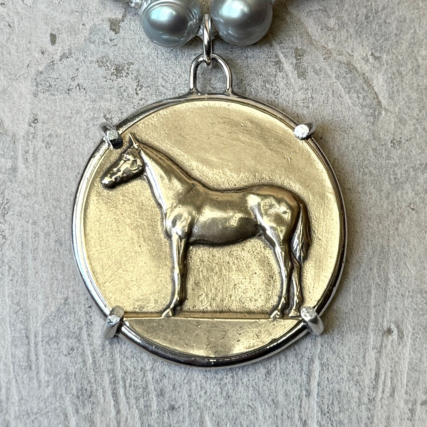 Standing Horse Medal on Pearl Necklace